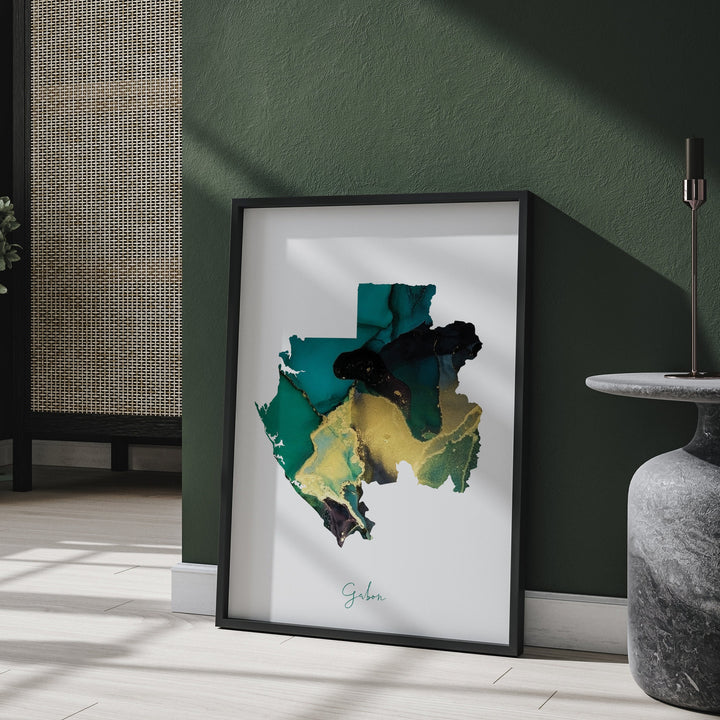 Gabon Map Emerald Green and Gold Wall Art Print