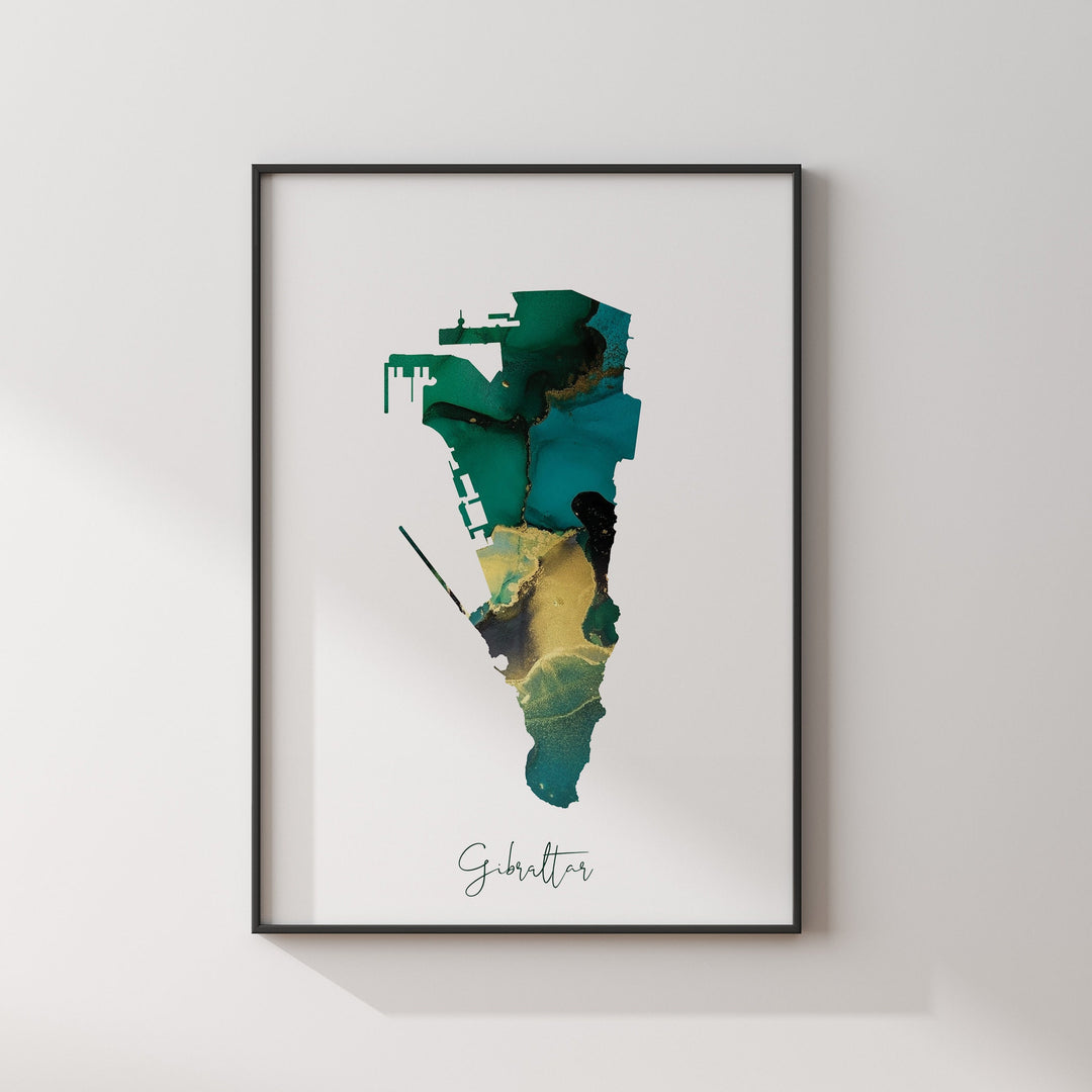 Gibraltar Map Emerald Green and Gold Wall Art Print