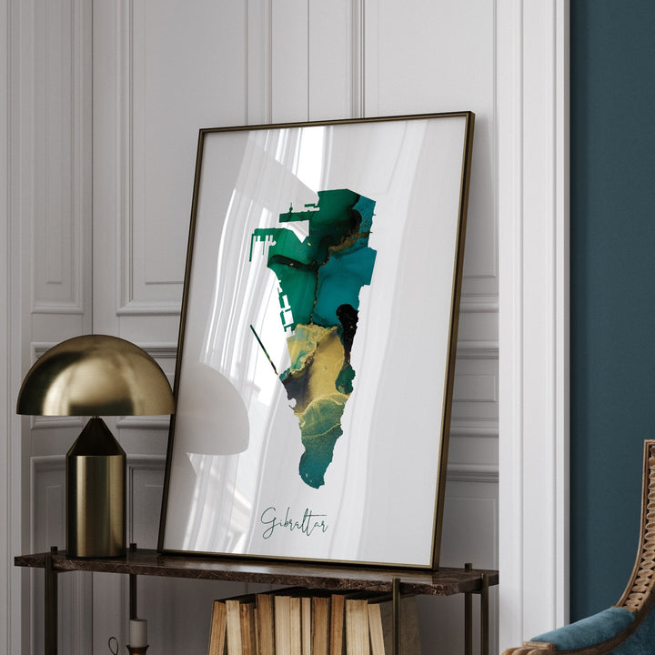 Gibraltar Map Emerald Green and Gold Wall Art Print
