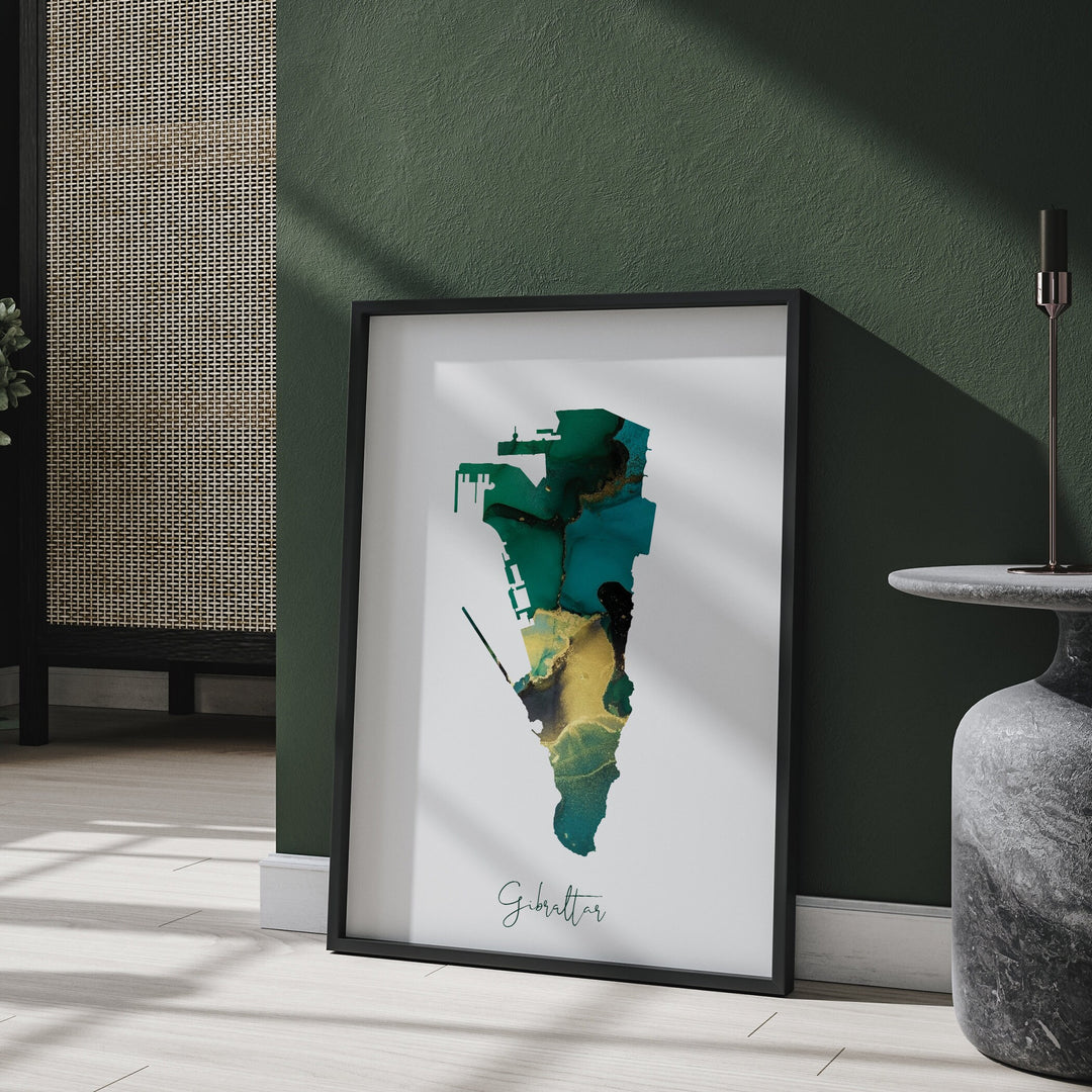 Gibraltar Map Emerald Green and Gold Wall Art Print