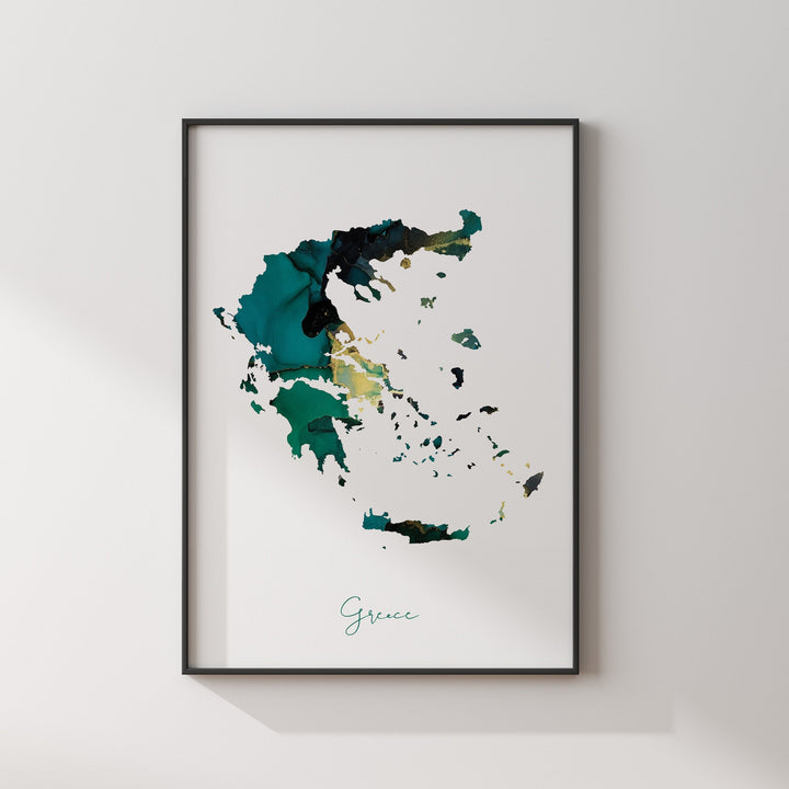 Greece Map Emerald Green and Gold Wall Art Print