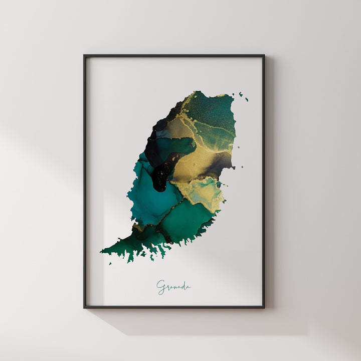 Grenada Map Emerald Green and Gold Wall Art Print
