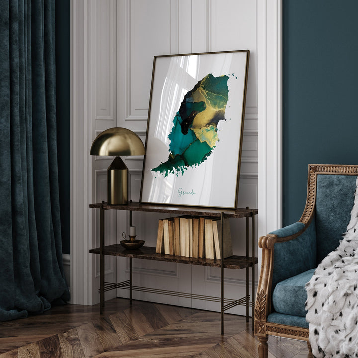 Grenada Map Emerald Green and Gold Wall Art Print