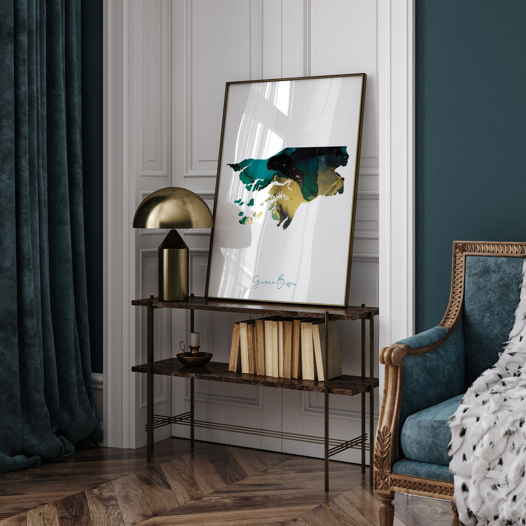 Guinea-Bissau Map Emerald Green and Gold Wall Art Print
