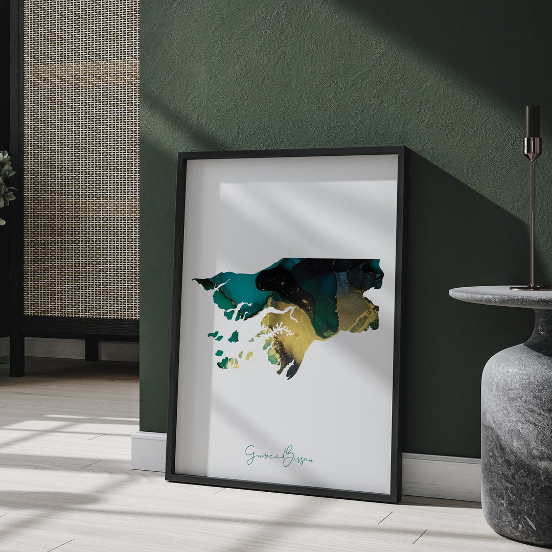Guinea-Bissau Map Emerald Green and Gold Wall Art Print