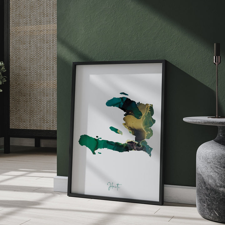 Haiti Map Emerald Green and Gold Wall Art Print