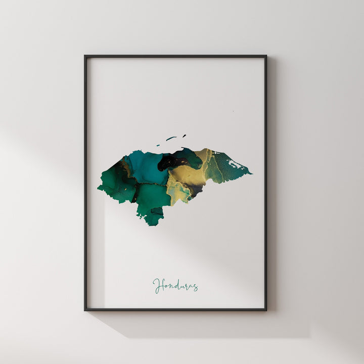 Honduras Map Emerald Green and Gold Wall Art Print