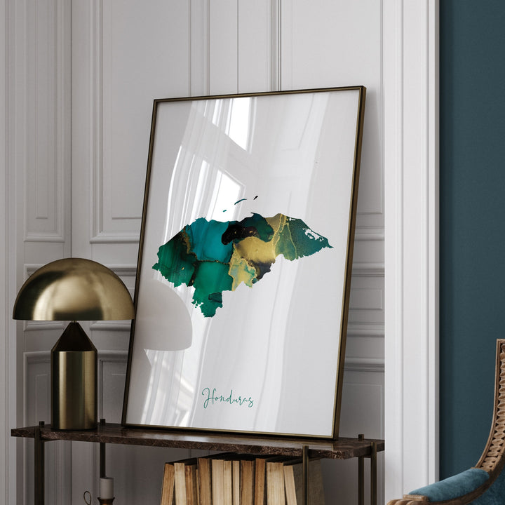 Honduras Map Emerald Green and Gold Wall Art Print