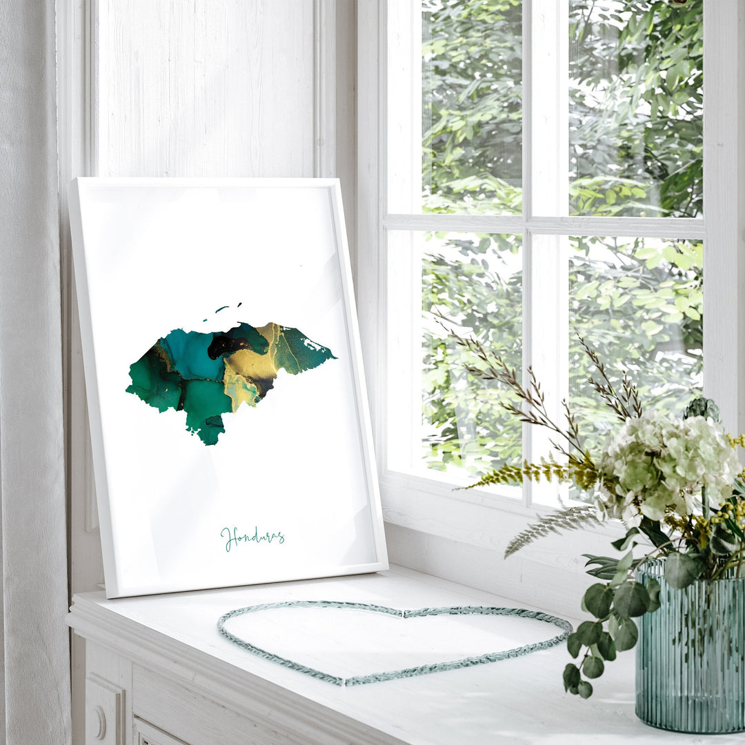 Honduras Map Emerald Green and Gold Wall Art Print