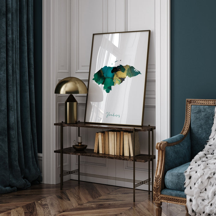 Honduras Map Emerald Green and Gold Wall Art Print