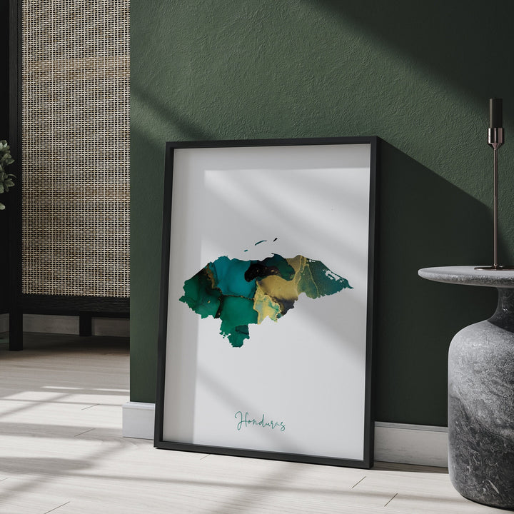 Honduras Map Emerald Green and Gold Wall Art Print