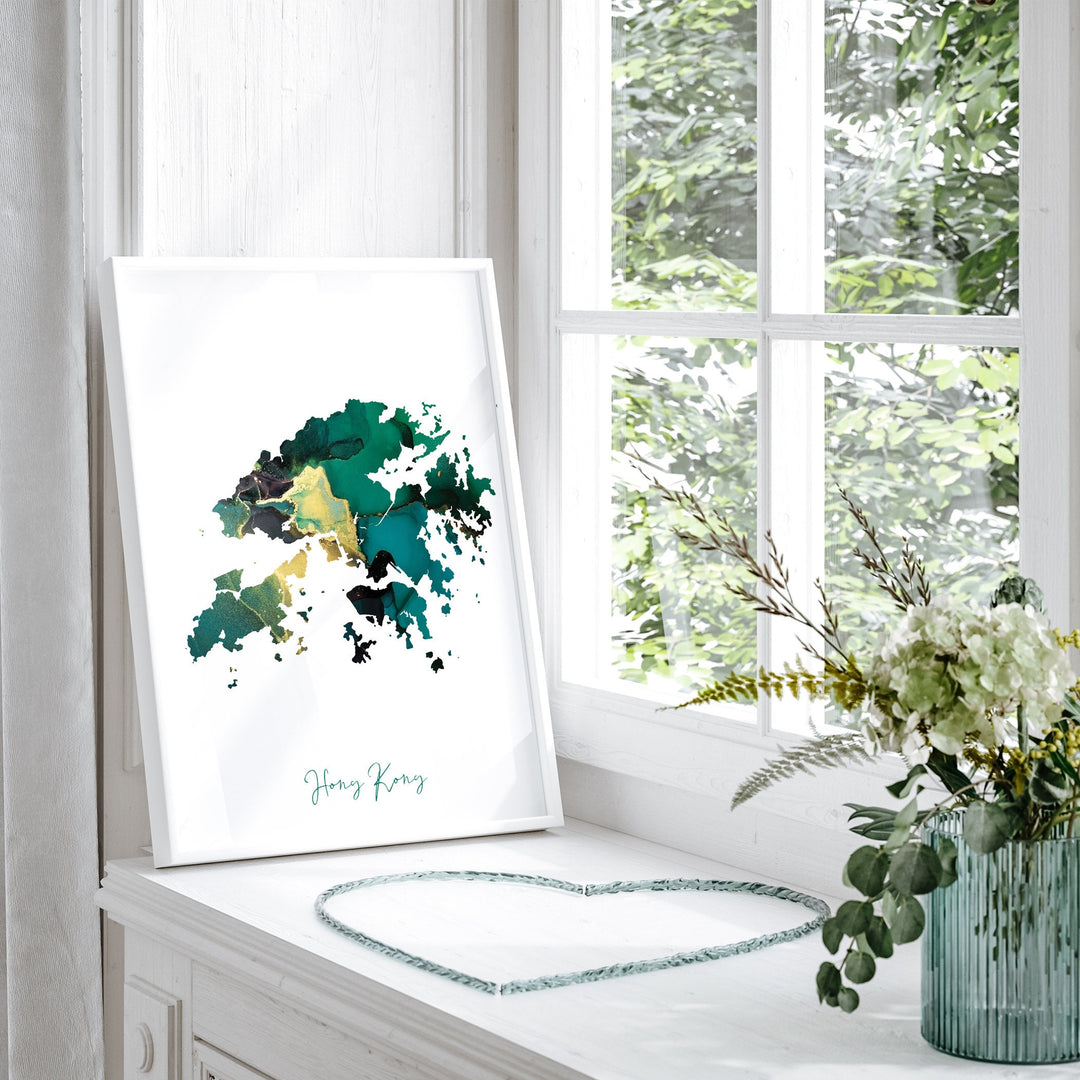 Hong Kong Map Emerald Green and Gold Wall Art Print
