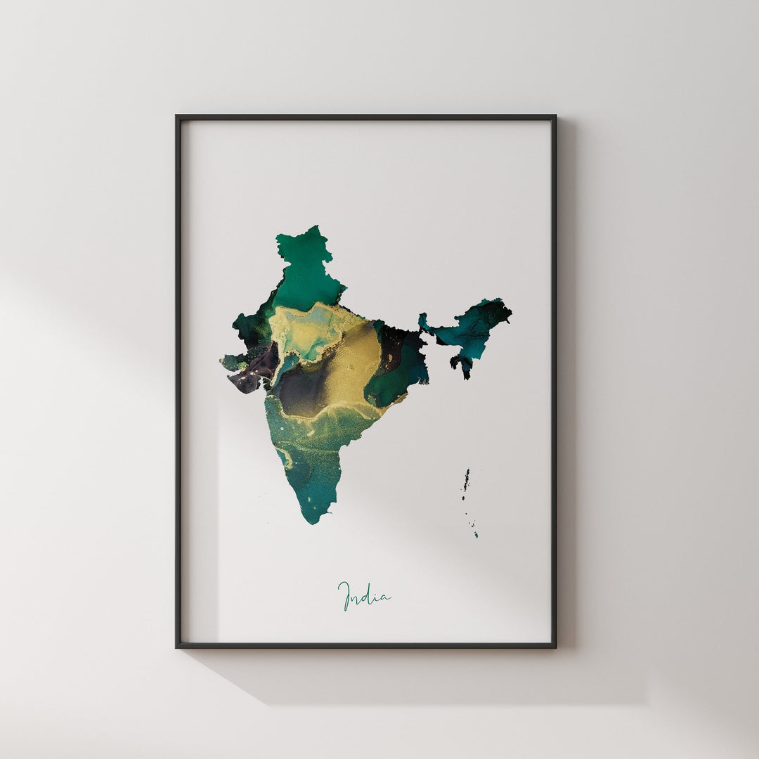 India Map Emerald Green and Gold Wall Art Print
