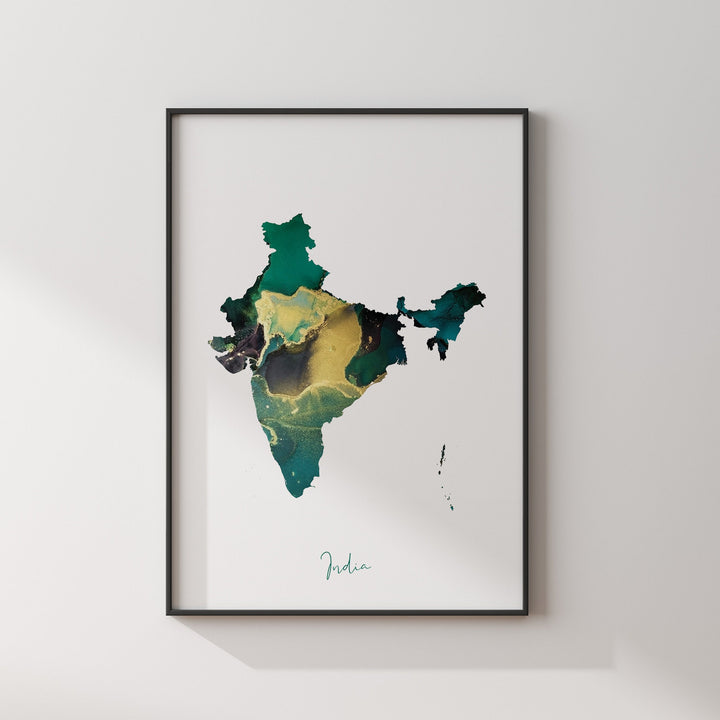 India Map Emerald Green and Gold Wall Art Print