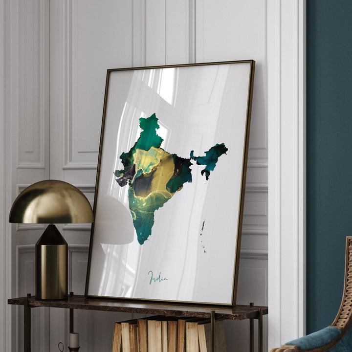 India Map Emerald Green and Gold Wall Art Print