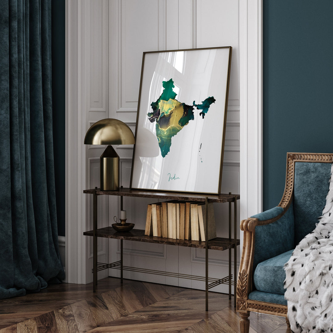 India Map Emerald Green and Gold Wall Art Print