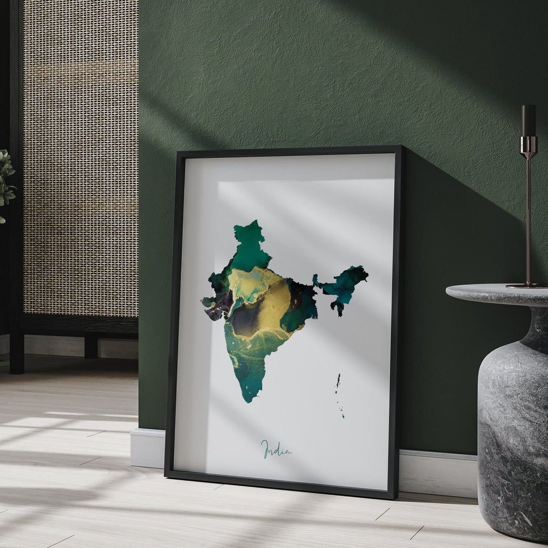 India Map Emerald Green and Gold Wall Art Print