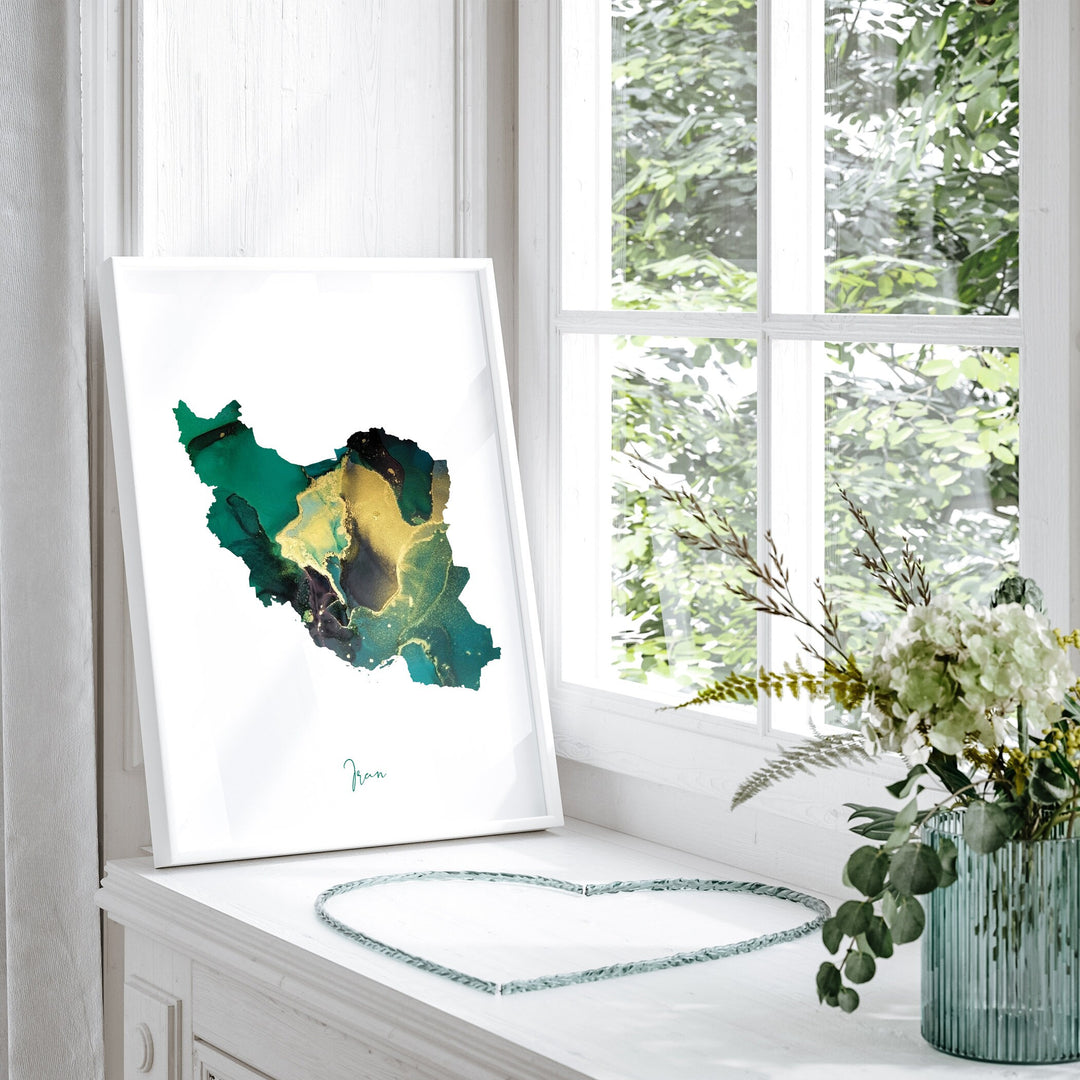 Iran Map Emerald Green and Gold Wall Art Print