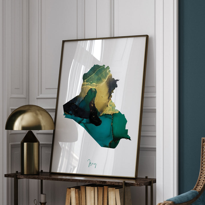Iraq Map Emerald Green and Gold Wall Art Print