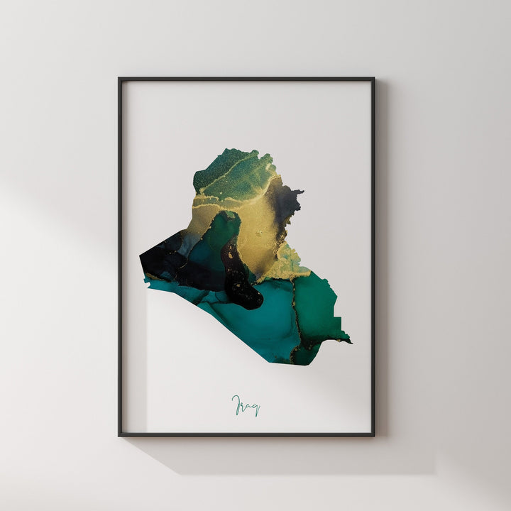 Iraq Map Emerald Green and Gold Wall Art Print