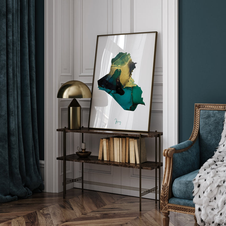 Iraq Map Emerald Green and Gold Wall Art Print