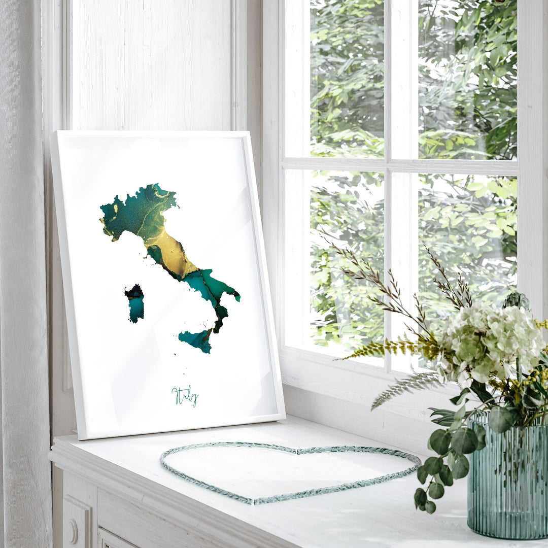 Italy Map Emerald Green and Gold Wall Art Print