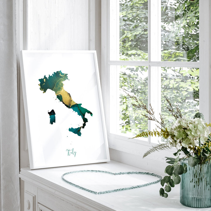 Italy Map Emerald Green and Gold Wall Art Print