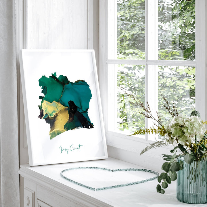 Ivory Coast Map Emerald Green and Gold Wall Art Print