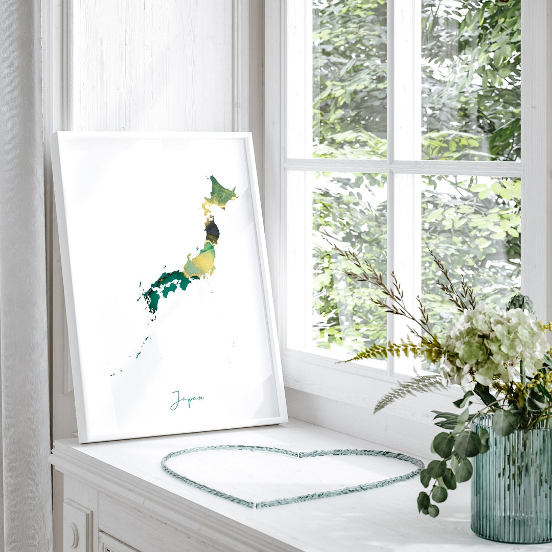 Japan Map Emerald Green and Gold Wall Art Print