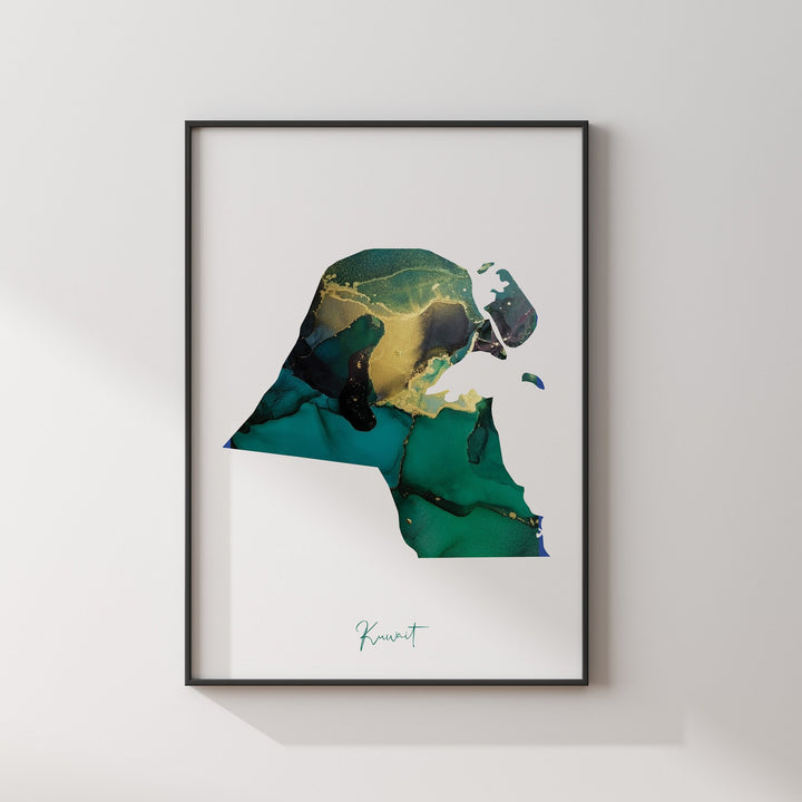 Kuwait Map Emerald Green and Gold Wall Art Print