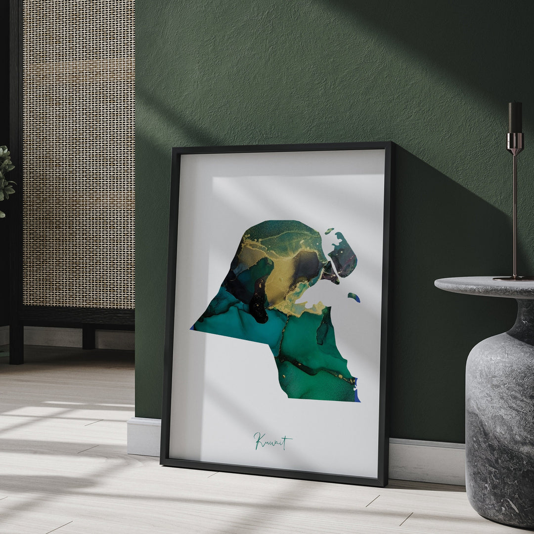 Kuwait Map Emerald Green and Gold Wall Art Print