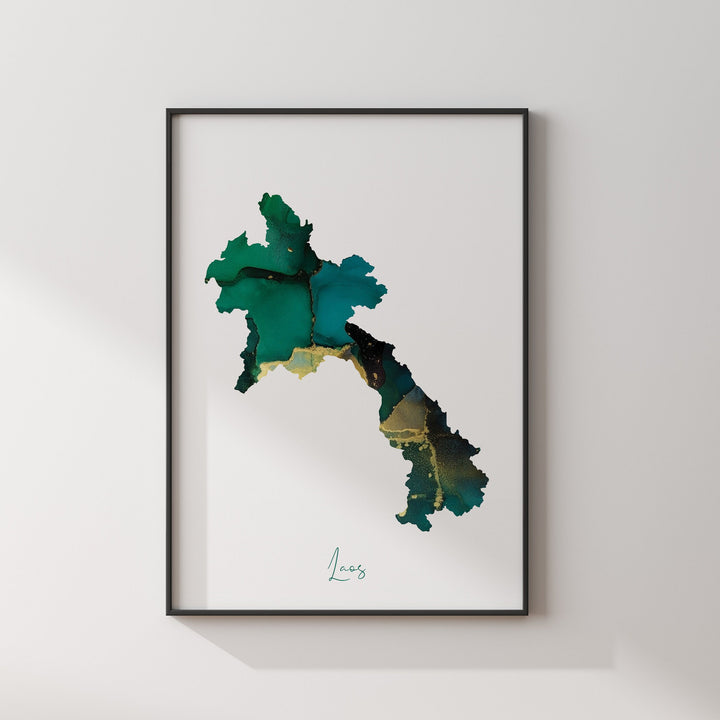 Laos Map Emerald Green and Gold Wall Art Print