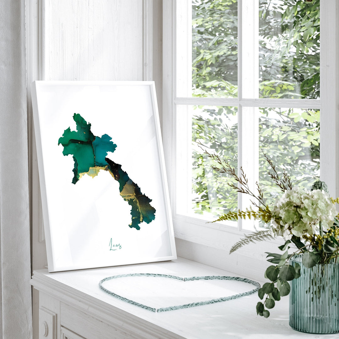Laos Map Emerald Green and Gold Wall Art Print