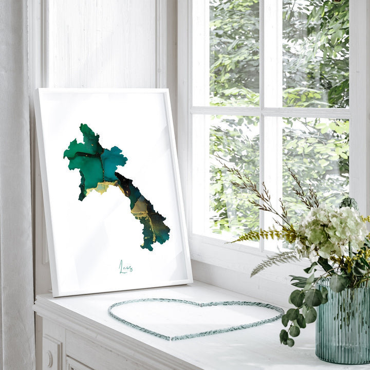 Laos Map Emerald Green and Gold Wall Art Print