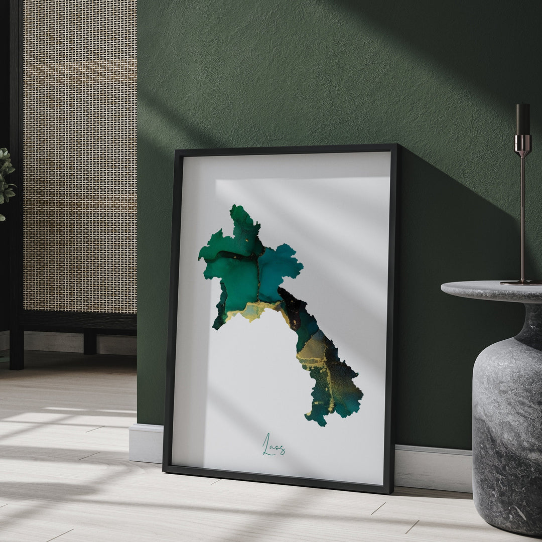 Laos Map Emerald Green and Gold Wall Art Print