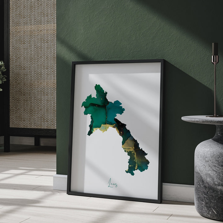 Laos Map Emerald Green and Gold Wall Art Print