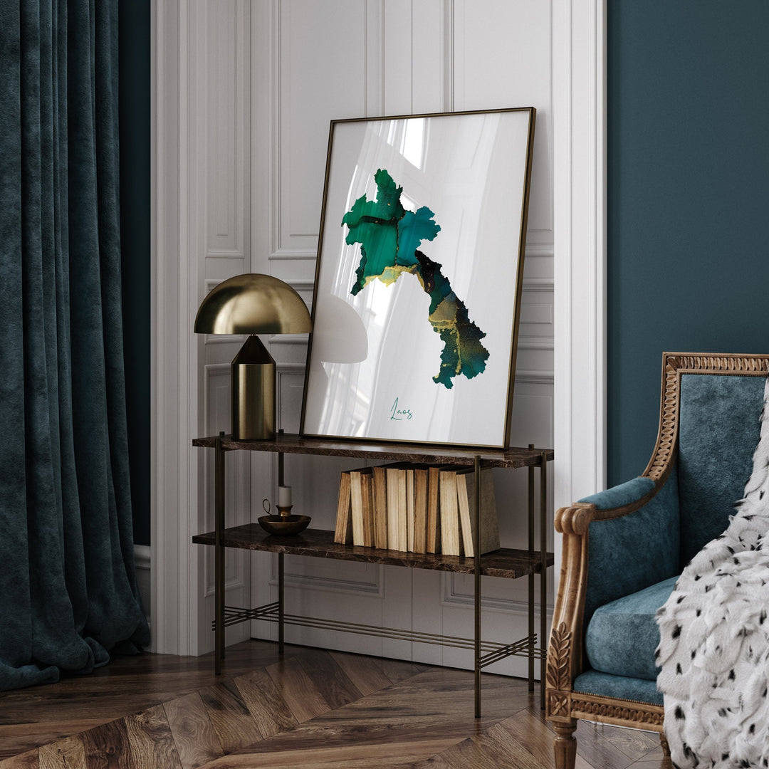 Laos Map Emerald Green and Gold Wall Art Print