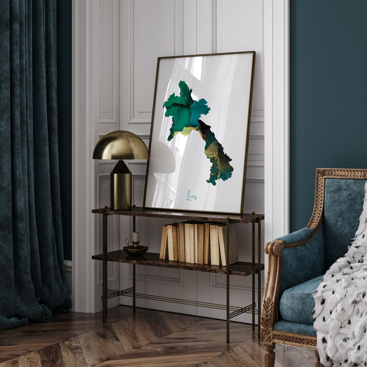Laos Map Emerald Green and Gold Wall Art Print