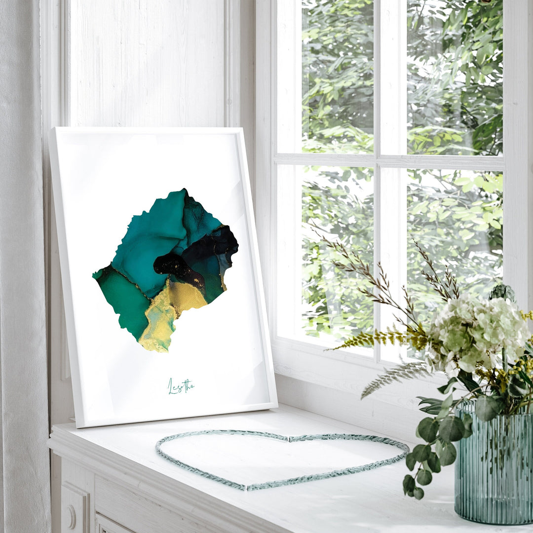 Lesotho Map Emerald Green and Gold Wall Art Print
