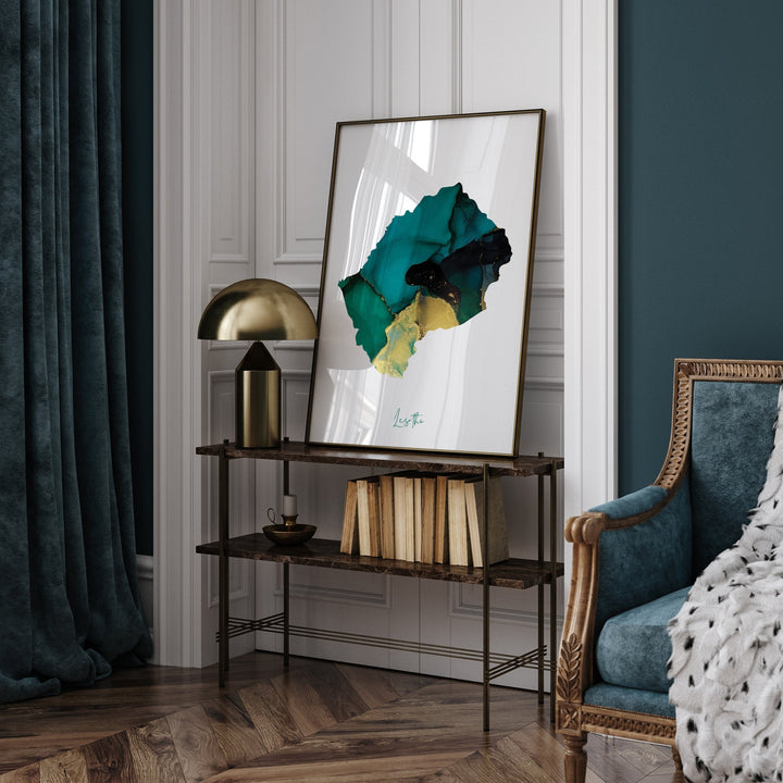 Lesotho Map Emerald Green and Gold Wall Art Print