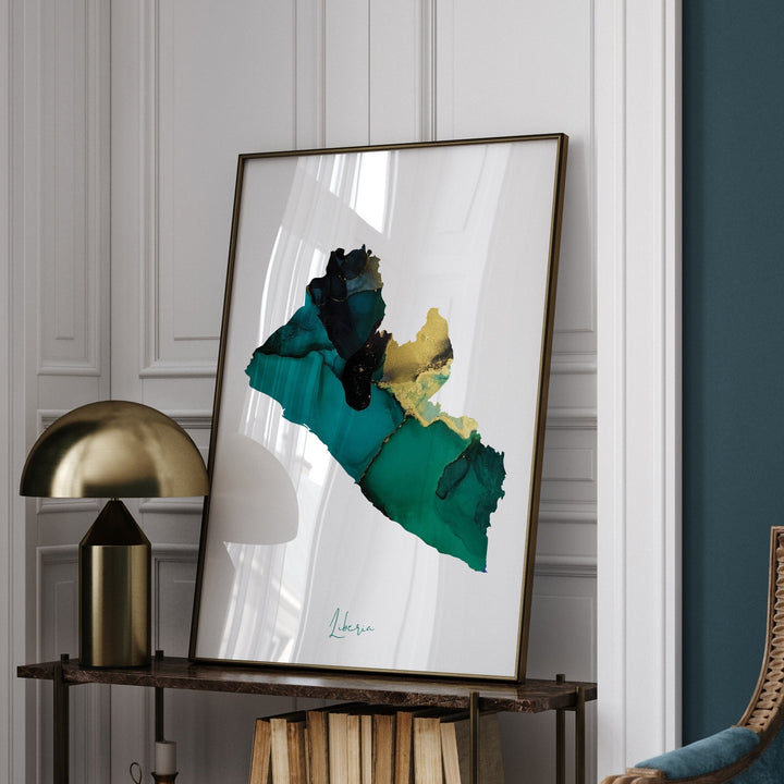 Liberia Map Emerald Green and Gold Wall Art Print
