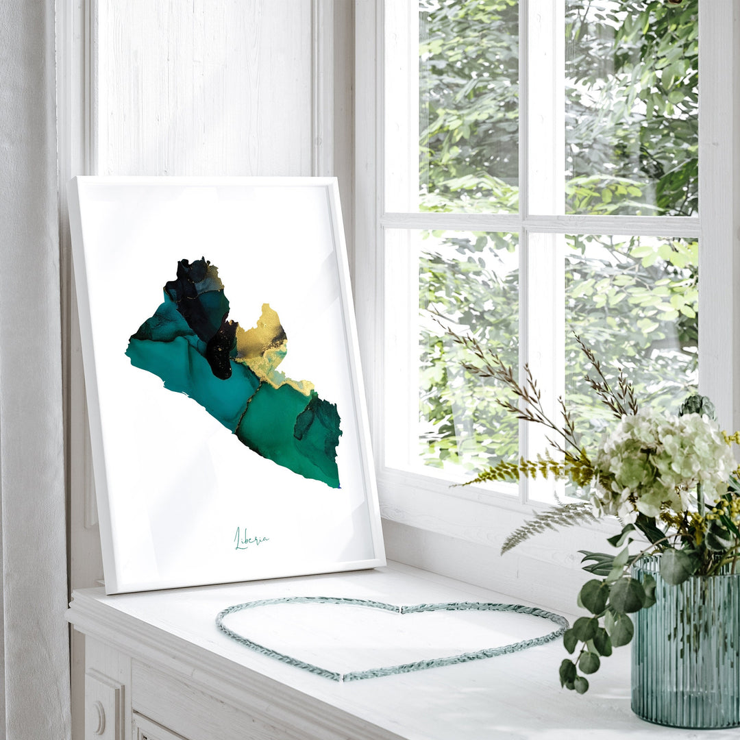 Liberia Map Emerald Green and Gold Wall Art Print