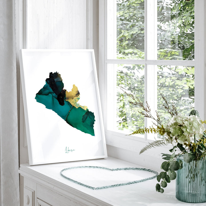 Liberia Map Emerald Green and Gold Wall Art Print