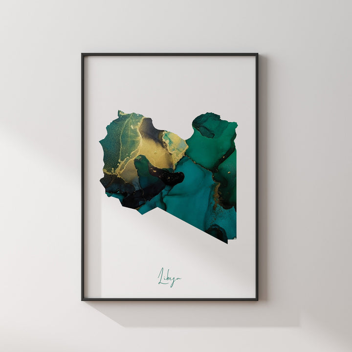 Libya Map Emerald Green and Gold Wall Art Print