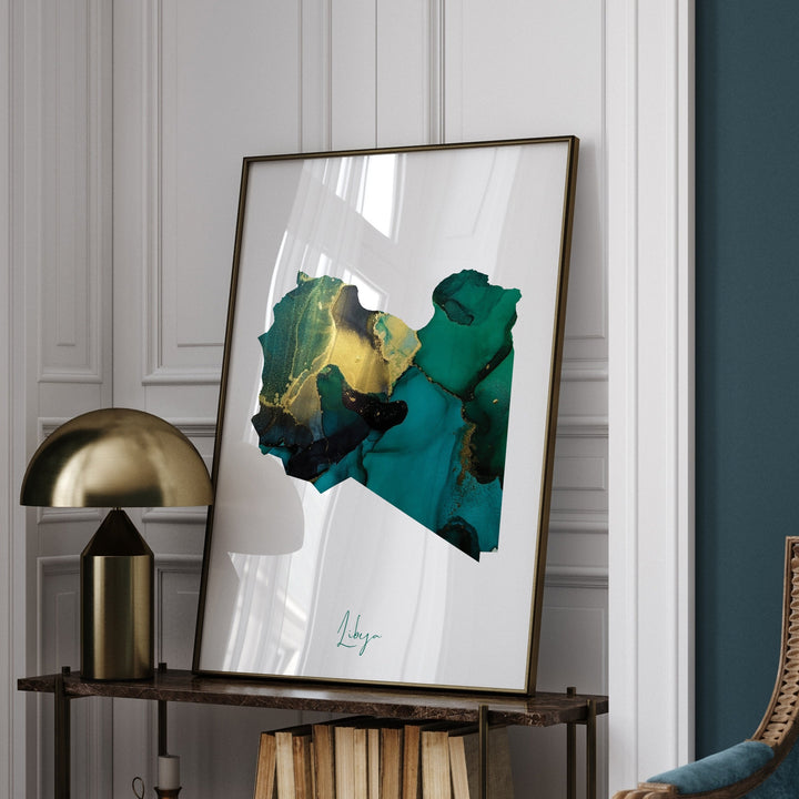 Libya Map Emerald Green and Gold Wall Art Print