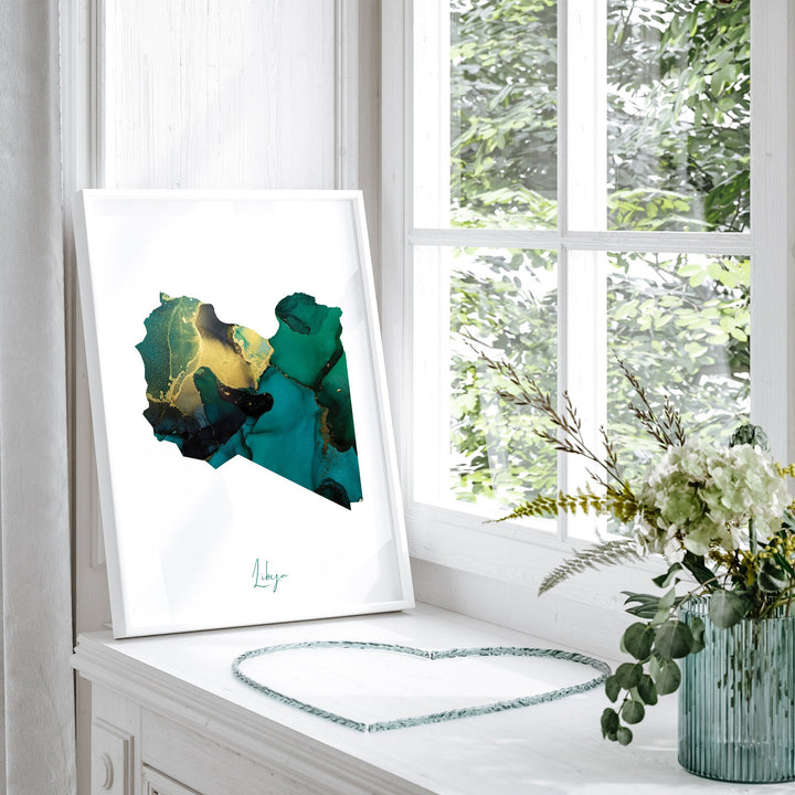 Libya Map Emerald Green and Gold Wall Art Print