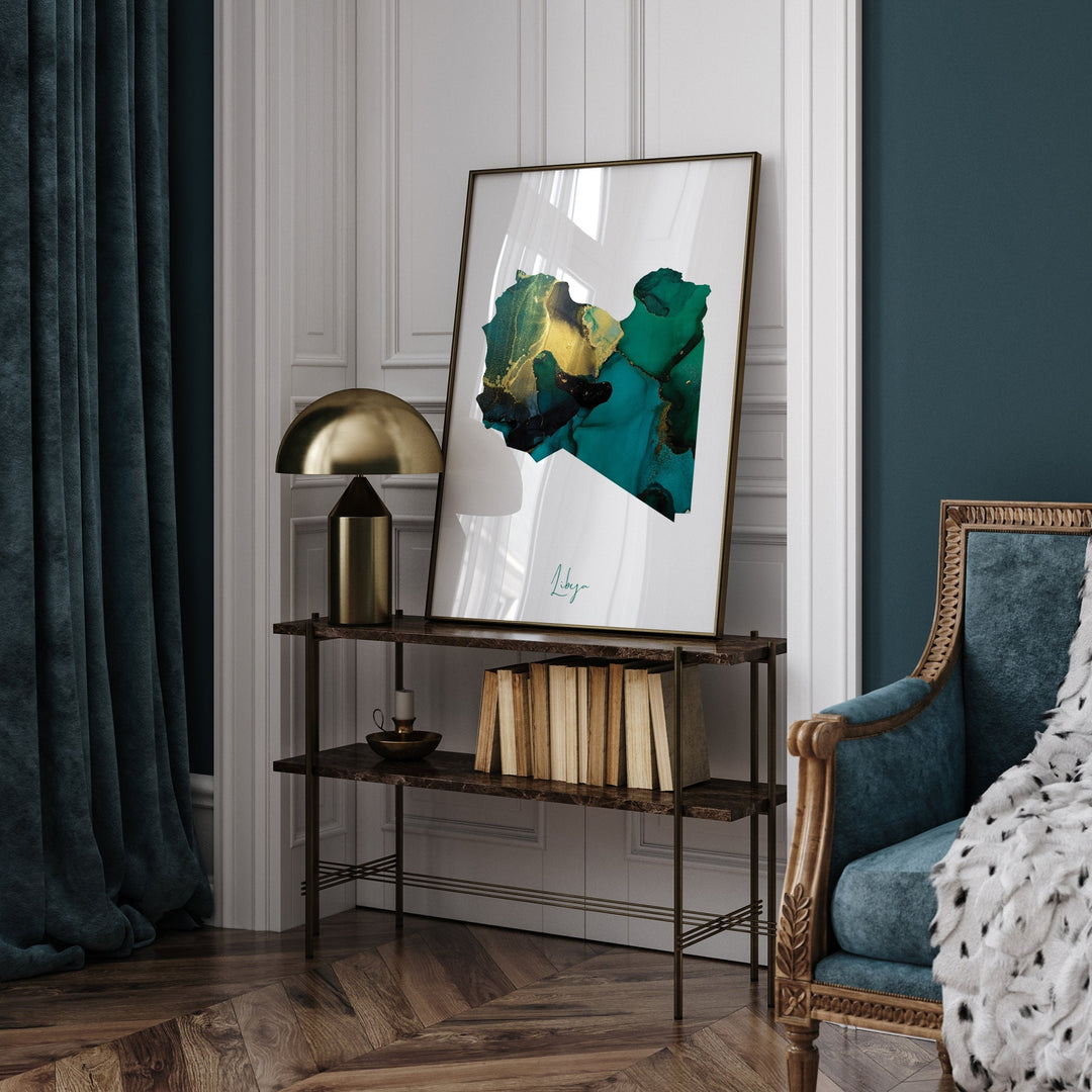 Libya Map Emerald Green and Gold Wall Art Print
