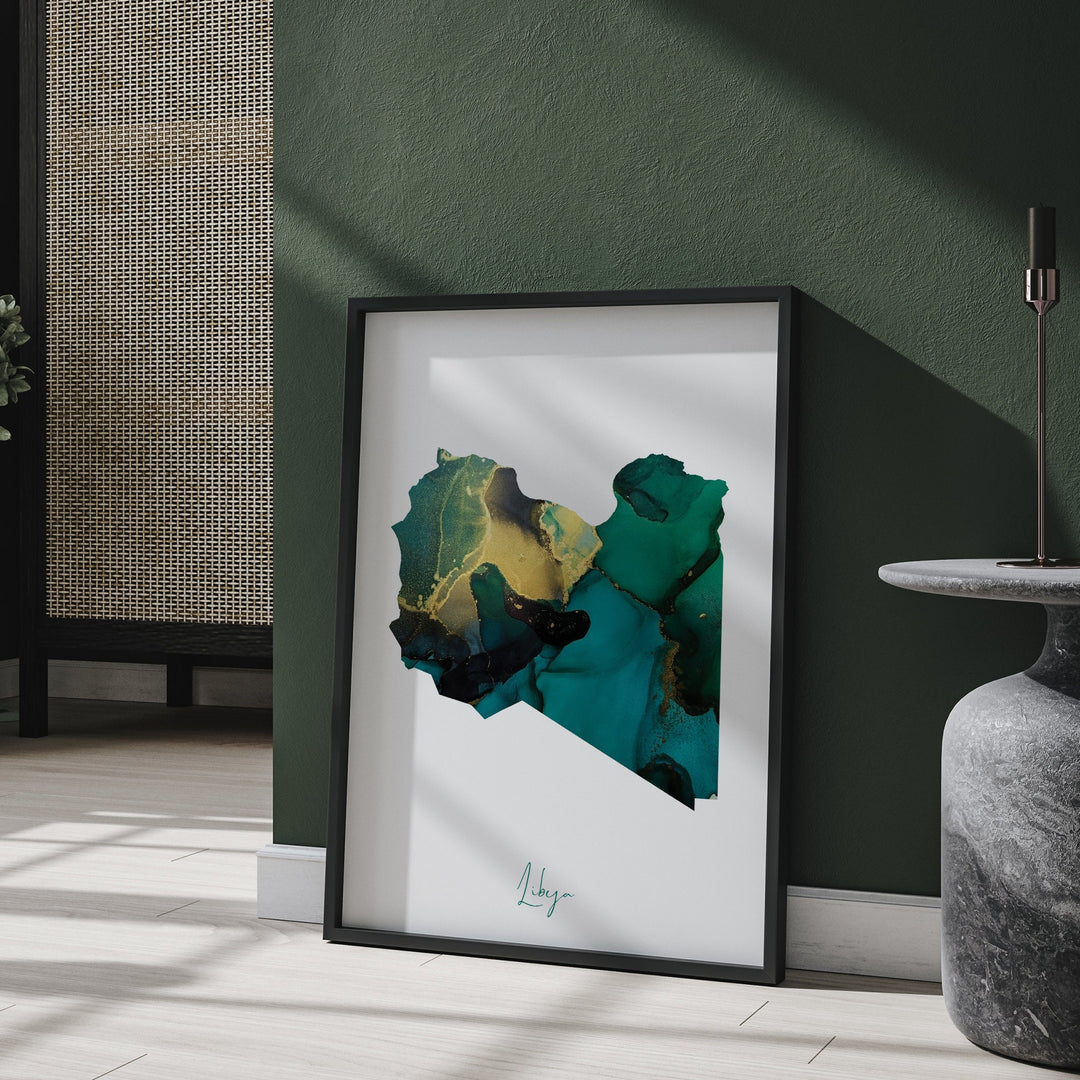 Libya Map Emerald Green and Gold Wall Art Print