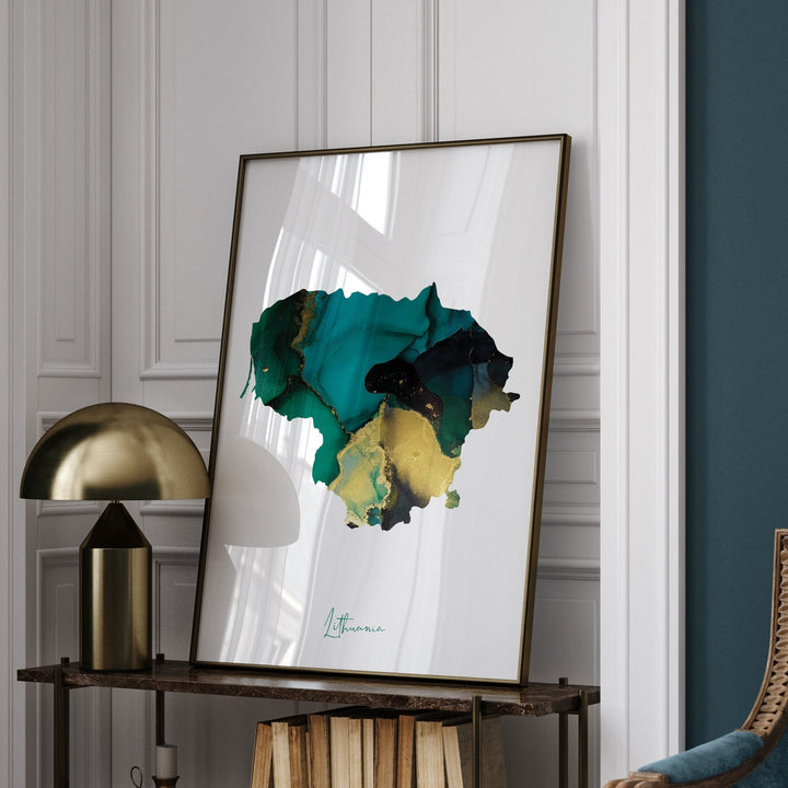Lithuania Map Emerald Green and Gold Wall Art Print