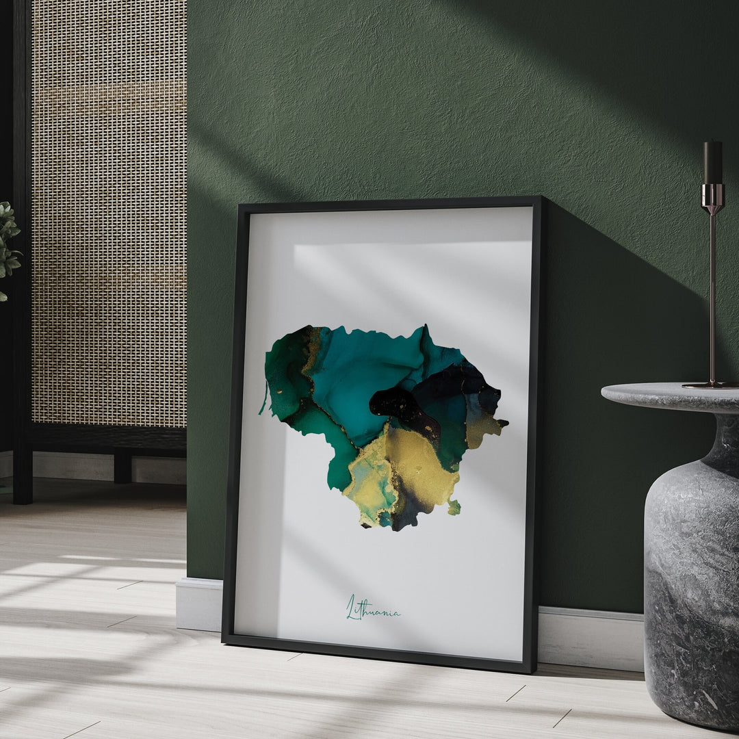 Lithuania Map Emerald Green and Gold Wall Art Print